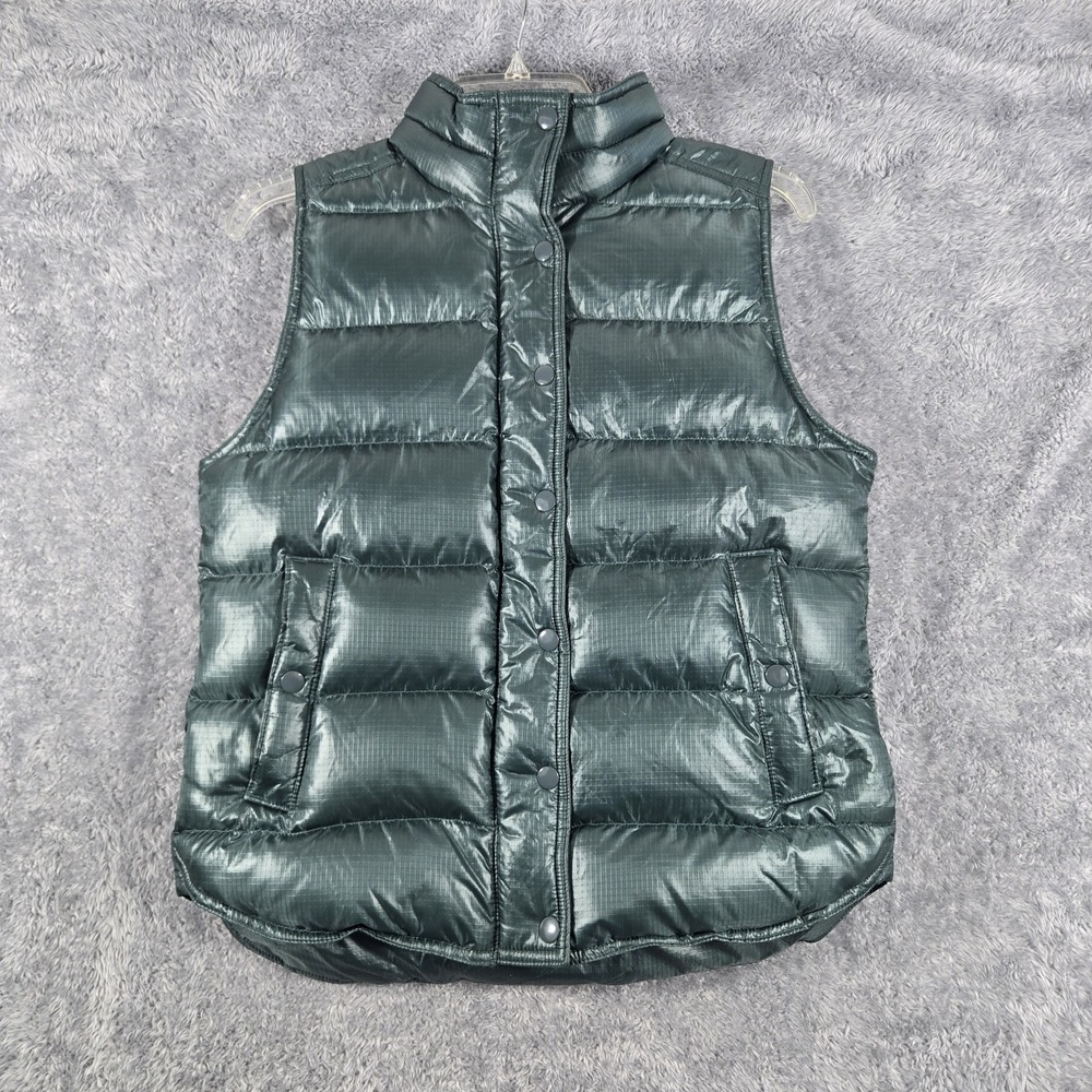 J. Crew Womens Small Puffer Vest Green Ripstop Down Fill Snap Front Quilted